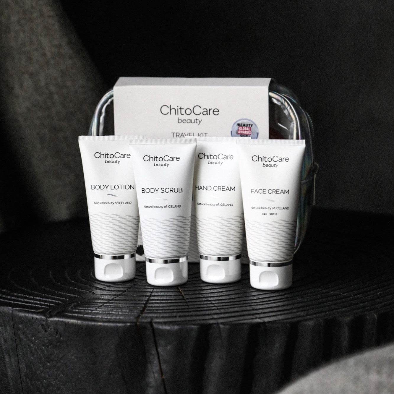 ChitoCare Beauty Ferðasett með Body Lotion, Body Scrub, Hand Cream og Face Cream