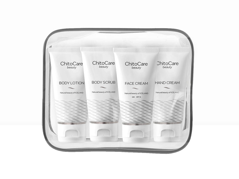 ChitoCare Beauty Ferðasett með Body Lotion, Body Scrub, Hand Cream og Face Cream